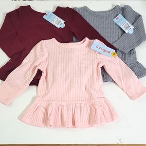 New! Cat & Jack Girls Long Sleeve Waffle Stretch Ruffle Top Set Bundle of 3 18M